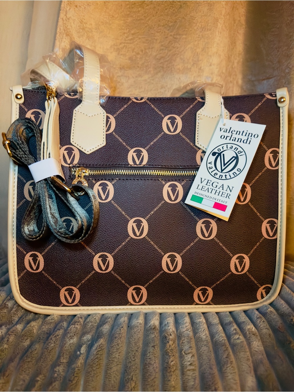 Valentino Orlandi Brown & Cream Monogram Vegan Leather Tote Bag
